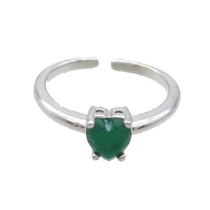 Copper Ring Pave Green Crystal Glass Heart Platinum Plated, approx 6mm, 18mm dia