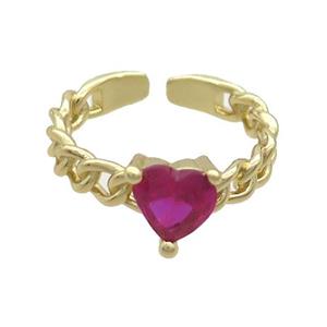 Copper Ring Pave Red Crystal Glass Heart Gold Plated, approx 7mm, 18mm dia