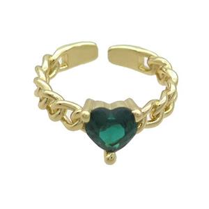 Copper Ring Pave Green Crystal Glass Heart Gold Plated, approx 7mm, 18mm dia