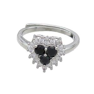 Copper Ring Pave Black Zircon Heart Adjustable Platinum Plated, approx 11mm, 18mm dia