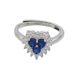 Copper Ring Pave Zircon Blue Heart Adjustable Platinum Plated, approx 11mm, 18mm dia