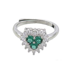 Copper Ring Pave Zircon Green Heart Adjustable Platinum Plated, approx 11mm, 18mm dia