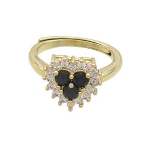 Copper Ring Pave Zircon Black Heart Adjustable Gold Plated, approx 11mm, 18mm dia