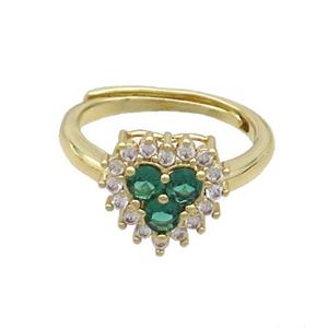 Copper Ring Pave Zircon Green Heart Adjustable Gold Plated, approx 11mm, 18mm dia