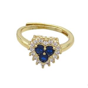 Copper Ring Pave Zircon Blue Heart Adjustable Gold Plated, approx 11mm, 18mm dia