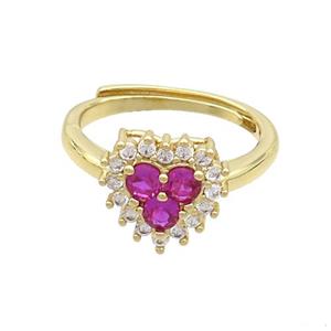 Copper Ring Pave Zircon Hotpink Heart Adjustable Gold Plated, approx 11mm, 18mm dia