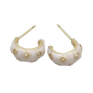 Copper Stud Earring Pave Zircon White Enamel Gold Plated, approx 14mm