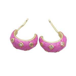 Copper Stud Earring Pave Zircon Hotpink Enamel Gold Plated, approx 14mm