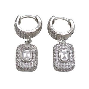 Copper Hoop Earring Pave Zircon Rectangle Platinum Plated, approx 10-14mm, 14mm dia