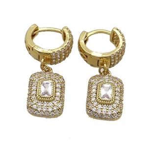 Copper Hoop Earring Pave Zircon Rectangle Gold Plated, approx 10-14mm, 14mm dia