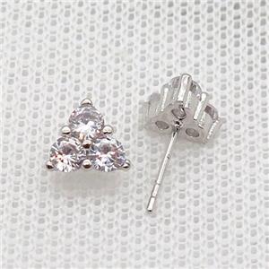 Copper Stud Earring Pave Zircon Triangle Platinum Plated, approx 8mm