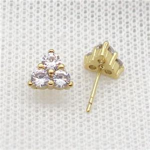 Copper Stud Earring Pave Zircon Triangle Gold Plated, approx 8mm