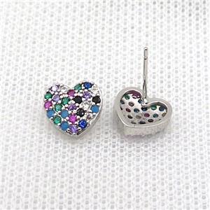 Copper Stud Earring Pave Zircon Heart Platinum Plated, approx 10mm