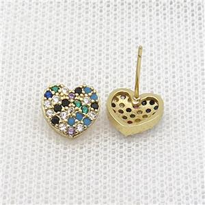 Copper Stud Earring Pave Zircon Heart Gold Plated, approx 10mm