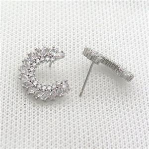Copper Stud Earring Pave Zircon Platinum Plated, approx 18mm