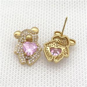 Copper Stud Earring Pave Zircon Bear Gold Plated, approx 14-20mm