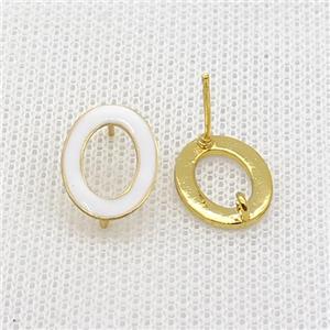 Copper Stud Earring Circle White Enamel Gold Plated, approx 11-14.5mm
