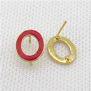 Copper Stud Earring Circle Red Enamel Gold Plated, approx 11-14.5mm