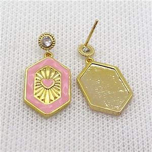 Copper Stud Earring Hexagon Pink Enamel Gold Plated, approx 14-20mm