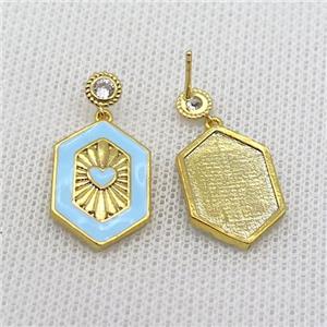 Copper Stud Earring Blue White Enamel Gold Plated, approx 14-20mm