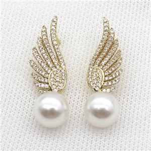Copper Stud Earring Pave Zircon Angel Wings Pearlized Shell Gold Plated, approx 11.5mm, 12-30mm