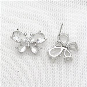 Copper Butterfly Stud Earring Pave Crystal Glass Platinum Plated, approx 15-20mm