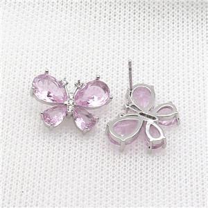 Copper Butterfly Stud Earring Pave Pink Crystal Glass Platinum Plated, approx 15-20mm