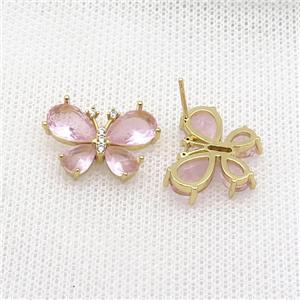 Copper Butterfly Stud Earring Pave Pink Crystal Glass Gold Plated, approx 15-20mm