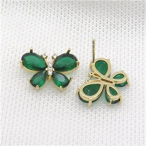 Copper Butterfly Stud Earring Pave Green Crystal Glass Gold Plated, approx 15-20mm