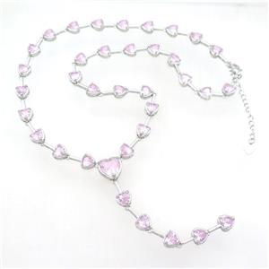Copper Necklace Pave Zircon Pink Heart Platinum Plated, approx 12mm, 8mm, 44-50cm length