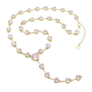 Copper Necklace Pave Zircon Pink Heart Gold Plated, approx 12mm, 8mm, 44-50cm length