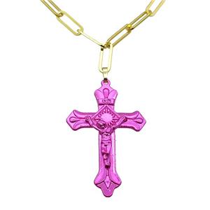 Copper Necklace Hotpink Lacquered Cross Gold Plated, approx 32-47mm, 5-15mm, 40-45cm length