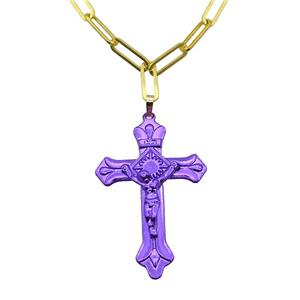 Copper Necklace Purple Lacquered Cross Gold Plated, approx 32-47mm, 5-15mm, 40-45cm length