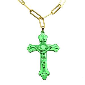 Copper Necklace Green Lacquered Cross Gold Plated, approx 32-47mm, 5-15mm, 40-45cm length