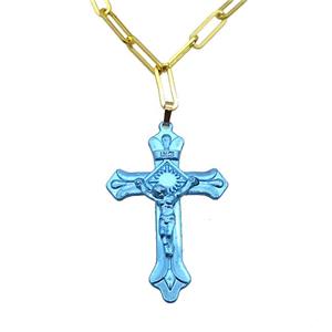 Copper Necklace Blue Lacquered Cross Gold Plated, approx 32-47mm, 5-15mm, 40-45cm length
