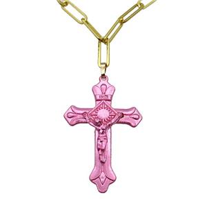 Copper Necklace Pink Lacquered Cross Gold Plated, approx 32-47mm, 5-15mm, 40-45cm length