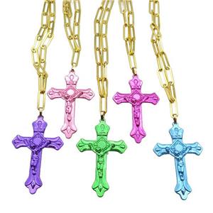Copper Necklace Lacquered Cross Gold Plated Mixed, approx 32-47mm, 5-15mm, 40-45cm length
