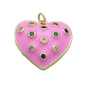 Copper Heart Pendant Pave Zircon Pink Enamel Gold Plated, approx 23mm