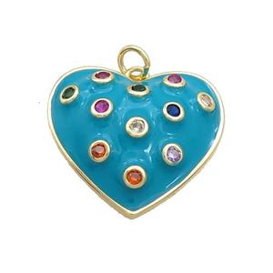 Copper Heart Pendant Pave Zircon Teal Enamel Gold Plated, approx 23mm