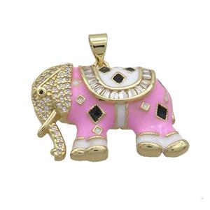 Copper Elephant Pendant Pave Zircon Pink Enamel Gold Plated, approx 20-30mm