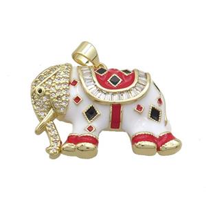 Copper Elephant Pendant Pave Zircon White Enamel Gold Plated, approx 20-30mm