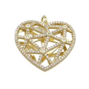 Copper Heart Pendant Pave Zircon Hollow Gold Plated, approx 30mm