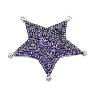 Copper Star Pendant Pave Purple Zircon 2loops Platinum Plated, approx 38mm