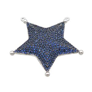 Copper Star Pendant Pave Blue Zircon 2loops Platinum Plated, approx 38mm