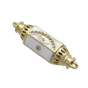 Copper Capsule Hexagon Connector Pave Zircon White Enamel Eye Gold Plated, approx 8-28mm