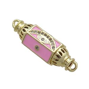 Copper Capsule Hexagon Connector Pave Zircon Pink Enamel Eye Gold Plated, approx 8-28mm