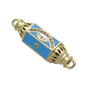 Copper Capsule Hexagon Connector Pave Zircon Blue Enamel Eye Gold Plated, approx 8-28mm