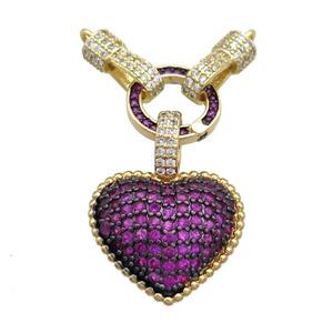 Copper Heart Pendant Pave Fuchsia Zircon 2loops Gold plated, approx 12mm, 19mm