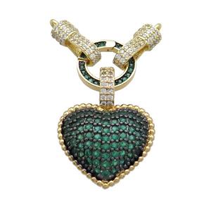 Copper Heart Pendant Pave Green Zircon 2loops Gold plated, approx 12mm, 19mm