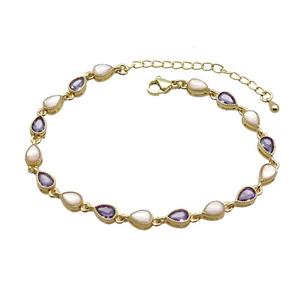 Copper Bracelets Pave Purple Zirocn Teardrop Gold Plated, approx 5-7mm, 18-24cm length